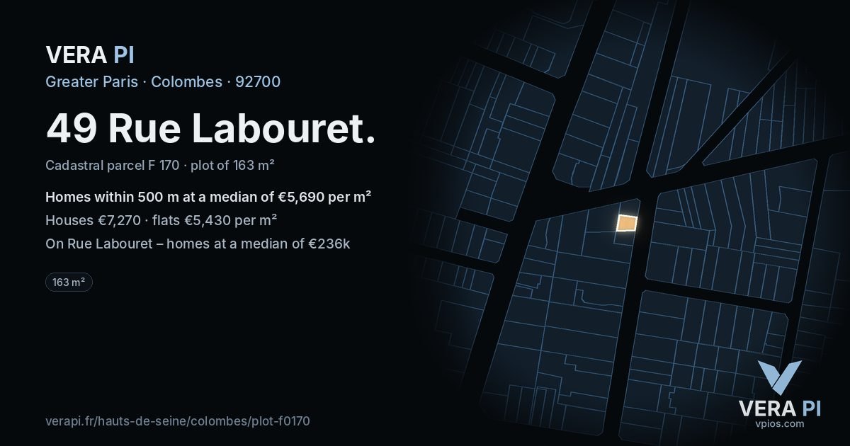 49 Rue Labouret, Colombes at night – the plot lit, the parcels around coloured by the prices near them