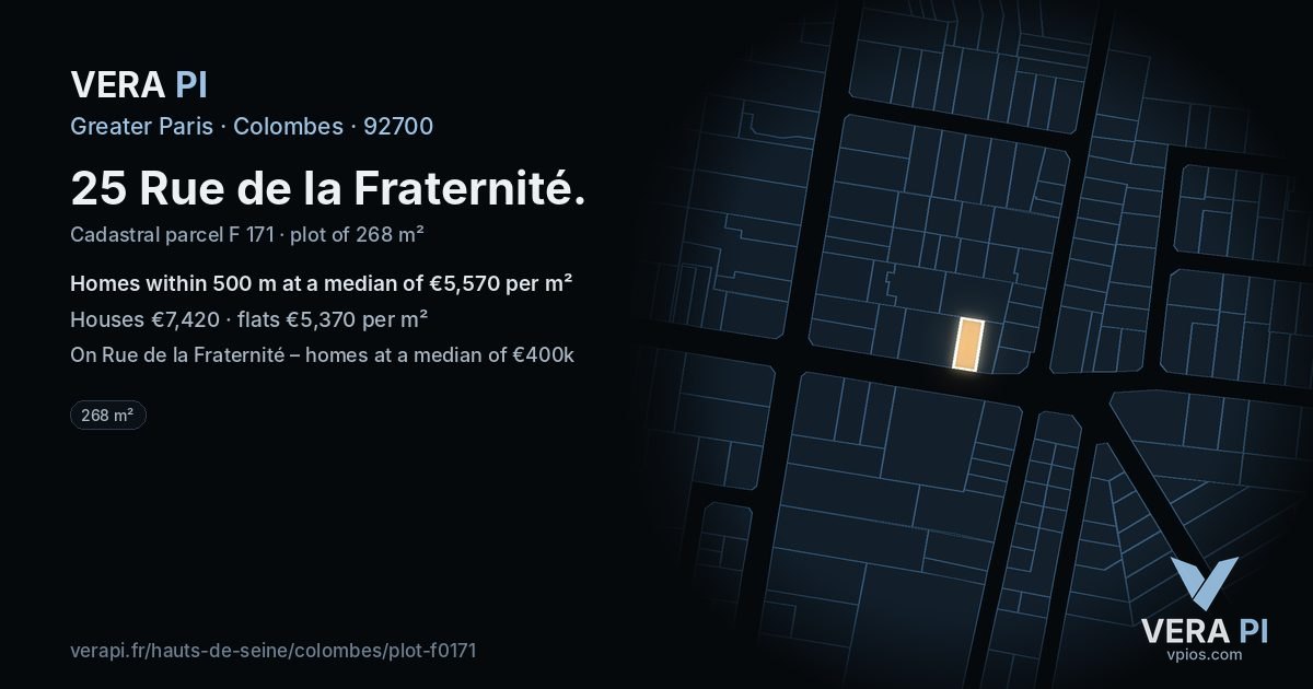 25 Rue de la Fraternité, Colombes at night – the plot lit, the parcels around coloured by the prices near them