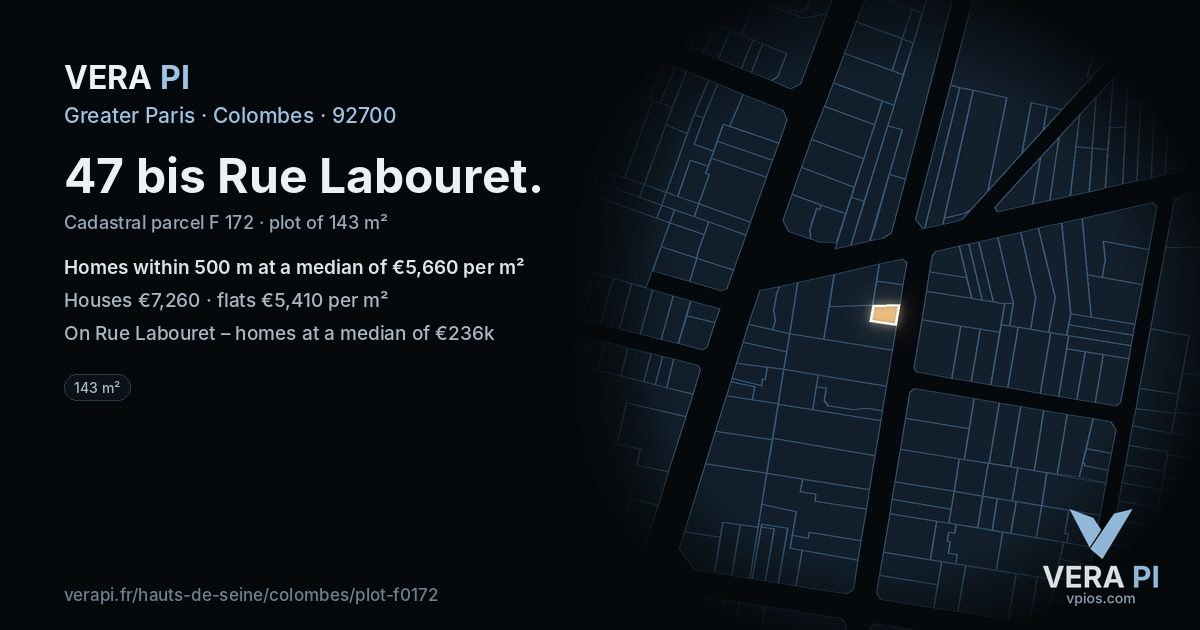 47 bis Rue Labouret, Colombes at night – the plot lit, the parcels around coloured by the prices near them