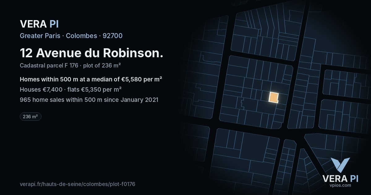 12 Avenue du Robinson, Colombes at night – the plot lit, the parcels around coloured by the prices near them