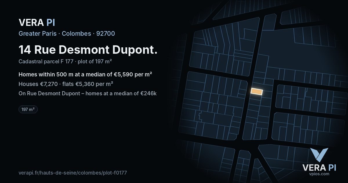 14 Rue Desmont Dupont, Colombes at night – the plot lit, the parcels around coloured by the prices near them