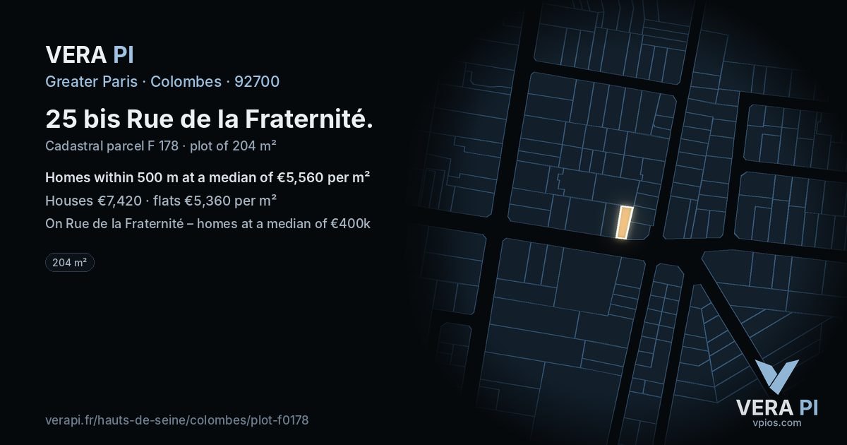 25 bis Rue de la Fraternité, Colombes at night – the plot lit, the parcels around coloured by the prices near them