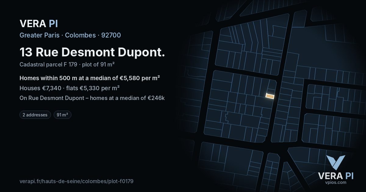 13 Rue Desmont Dupont, Colombes at night – the plot lit, the parcels around coloured by the prices near them
