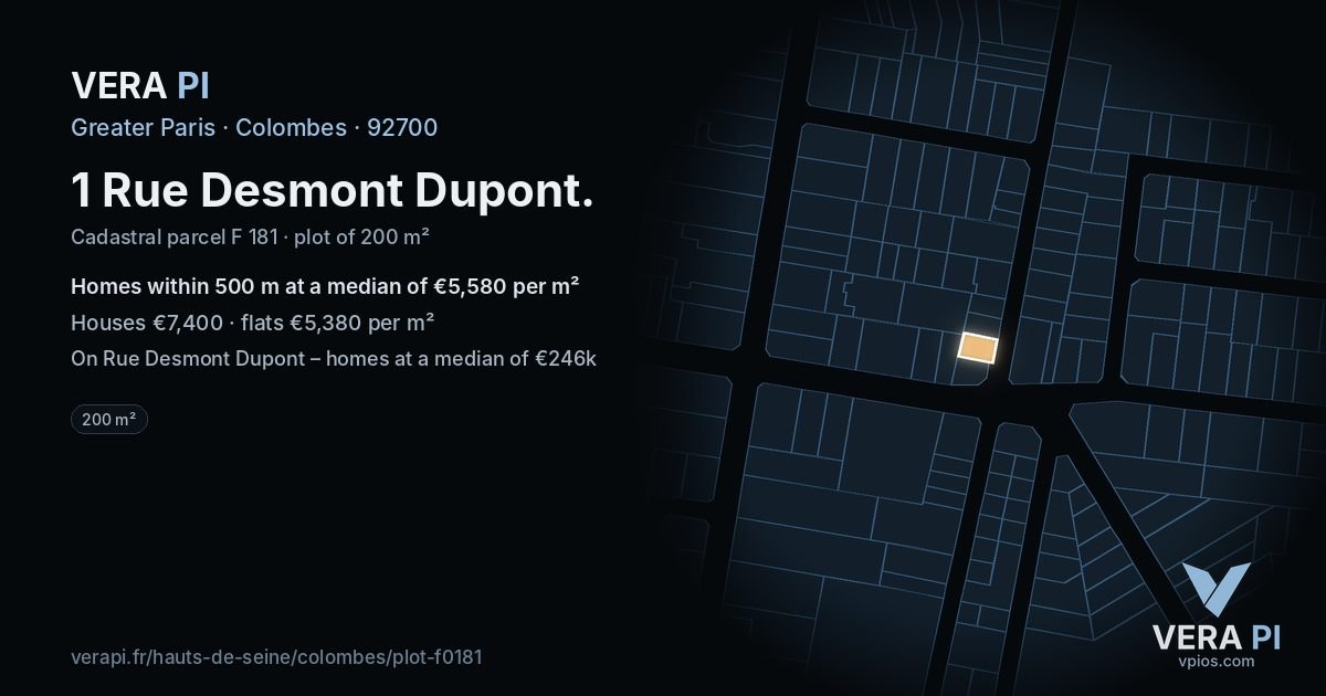 1 Rue Desmont Dupont, Colombes at night – the plot lit, the parcels around coloured by the prices near them