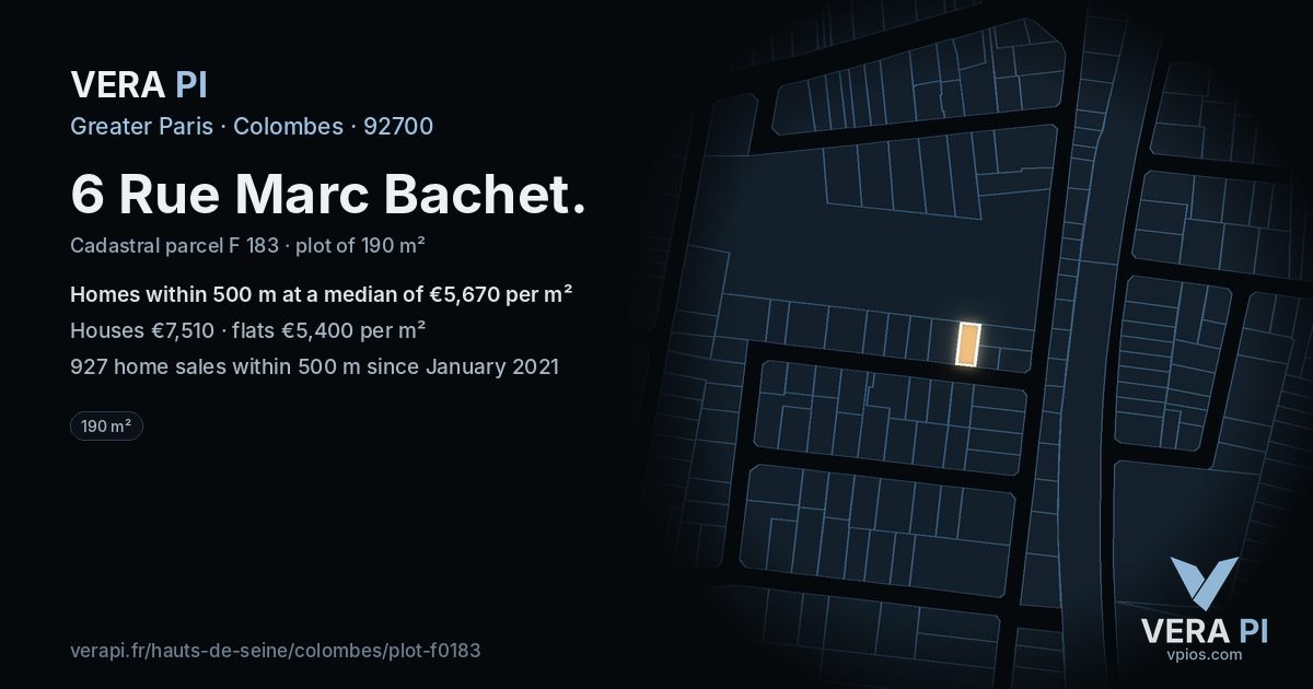 6 Rue Marc Bachet, Colombes at night – the plot lit, the parcels around coloured by the prices near them