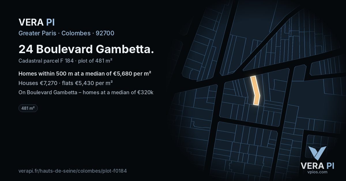 24 Boulevard Gambetta, Colombes at night – the plot lit, the parcels around coloured by the prices near them