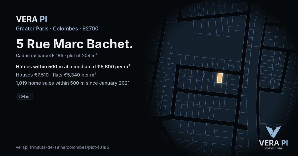 5 Rue Marc Bachet, Colombes at night – the plot lit, the parcels around coloured by the prices near them