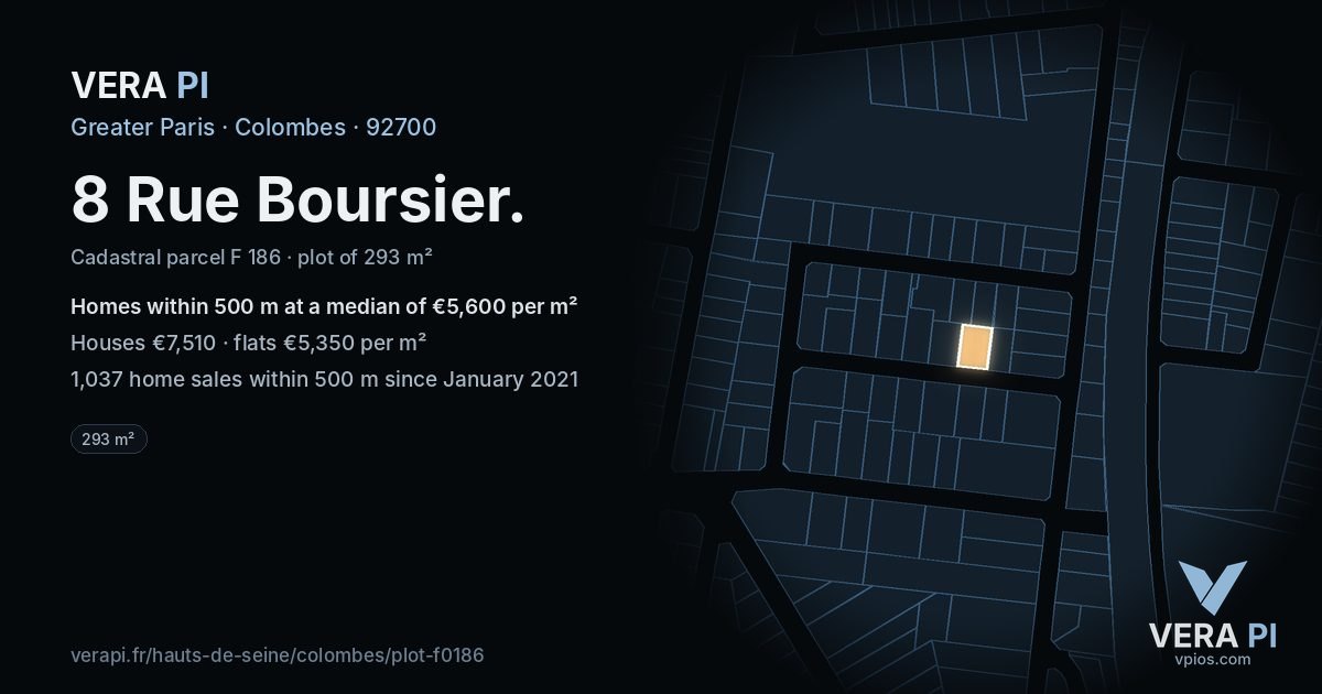 8 Rue Boursier, Colombes at night – the plot lit, the parcels around coloured by the prices near them