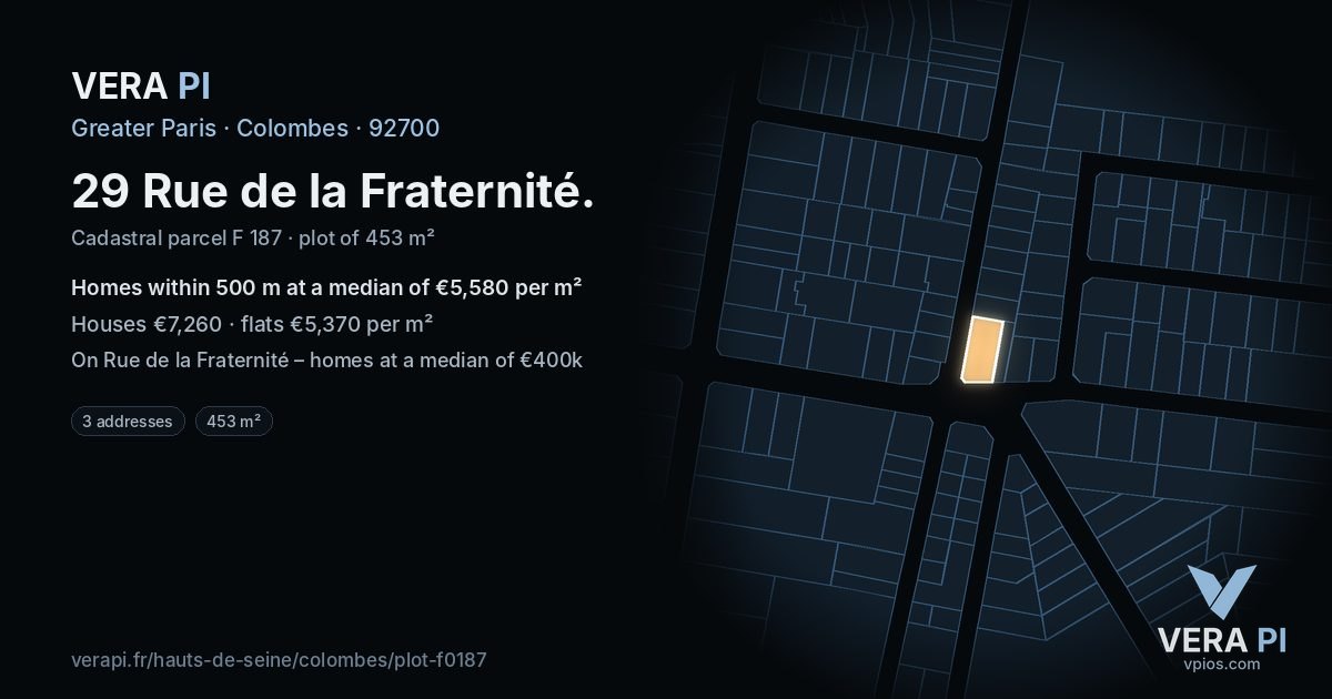 29 Rue de la Fraternité, Colombes at night – the plot lit, the parcels around coloured by the prices near them