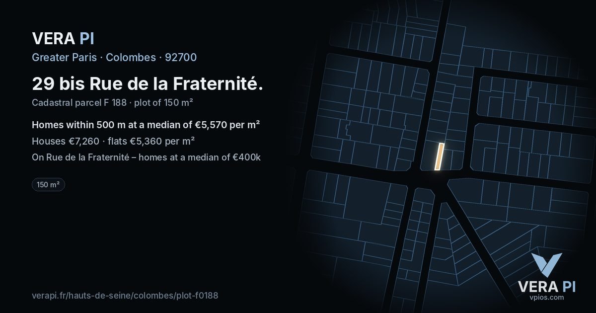 29 bis Rue de la Fraternité, Colombes at night – the plot lit, the parcels around coloured by the prices near them