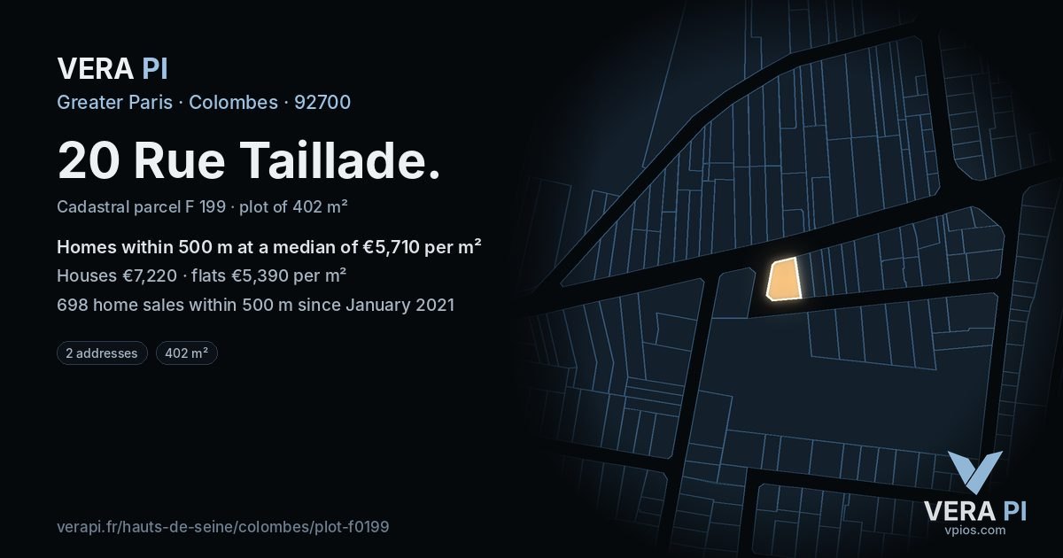 20 Rue Taillade, Colombes at night – the plot lit, the parcels around coloured by the prices near them