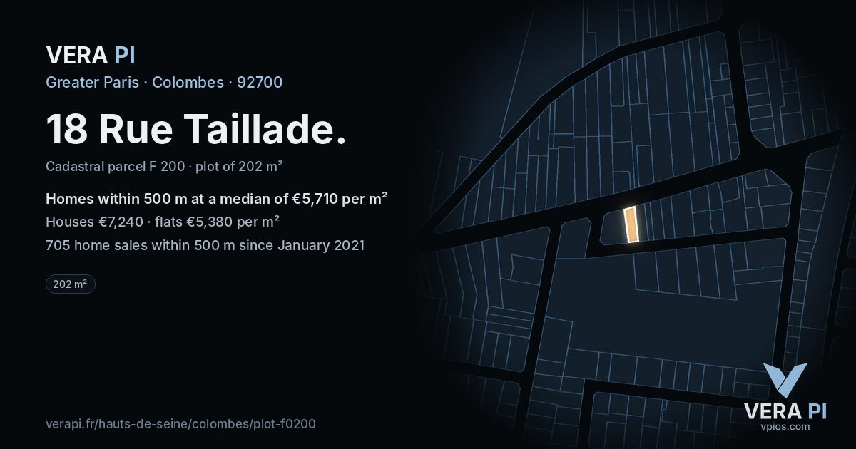 18 Rue Taillade, Colombes at night – the plot lit, the parcels around coloured by the prices near them