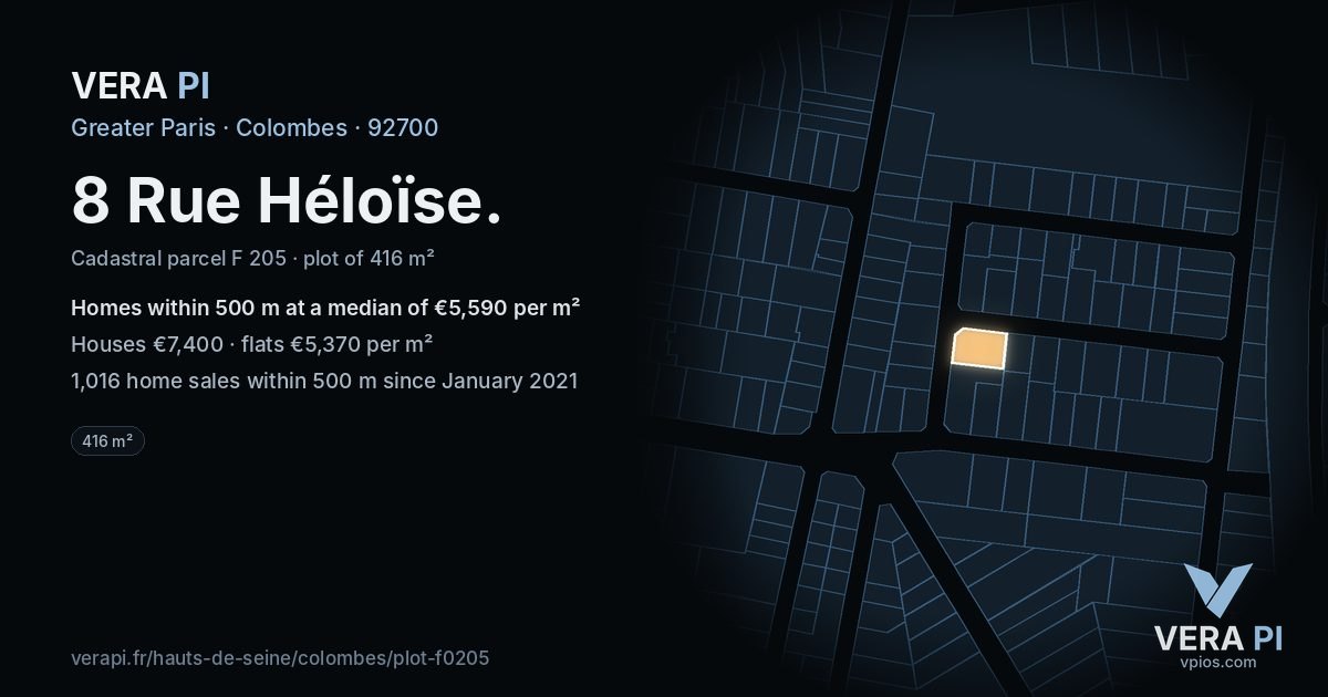 8 Rue Héloïse, Colombes at night – the plot lit, the parcels around coloured by the prices near them