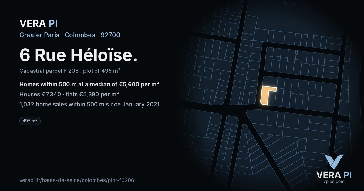 6 Rue Héloïse, Colombes at night – the plot lit, the parcels around coloured by the prices near them