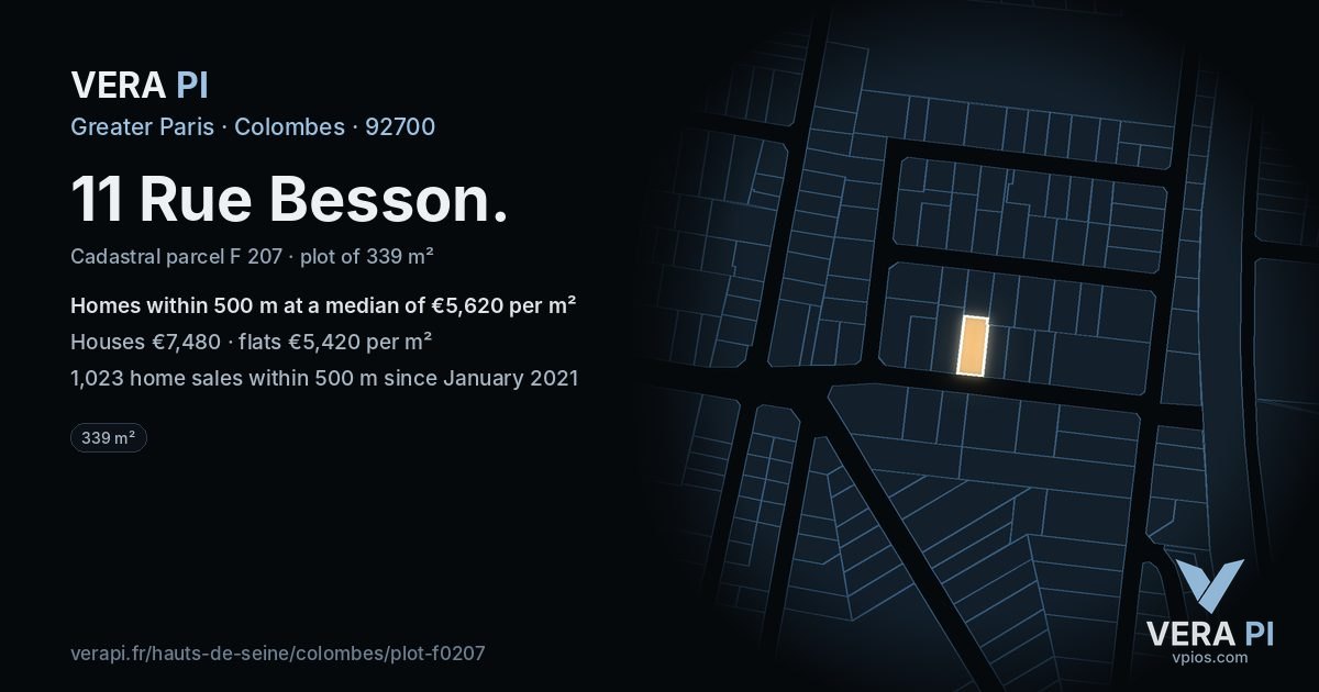 11 Rue Besson, Colombes at night – the plot lit, the parcels around coloured by the prices near them