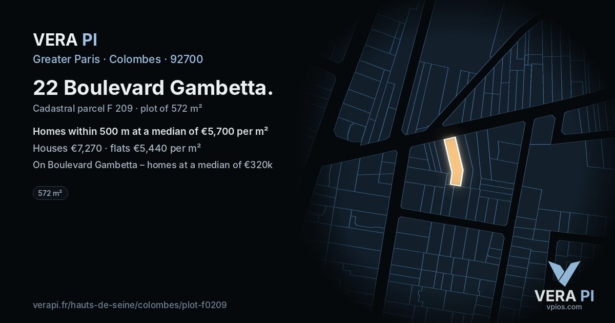 22 Boulevard Gambetta, Colombes at night – the plot lit, the parcels around coloured by the prices near them