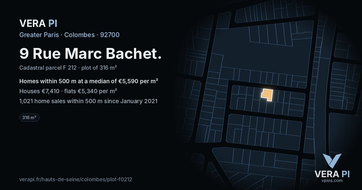 9 Rue Marc Bachet, Colombes at night – the plot lit, the parcels around coloured by the prices near them