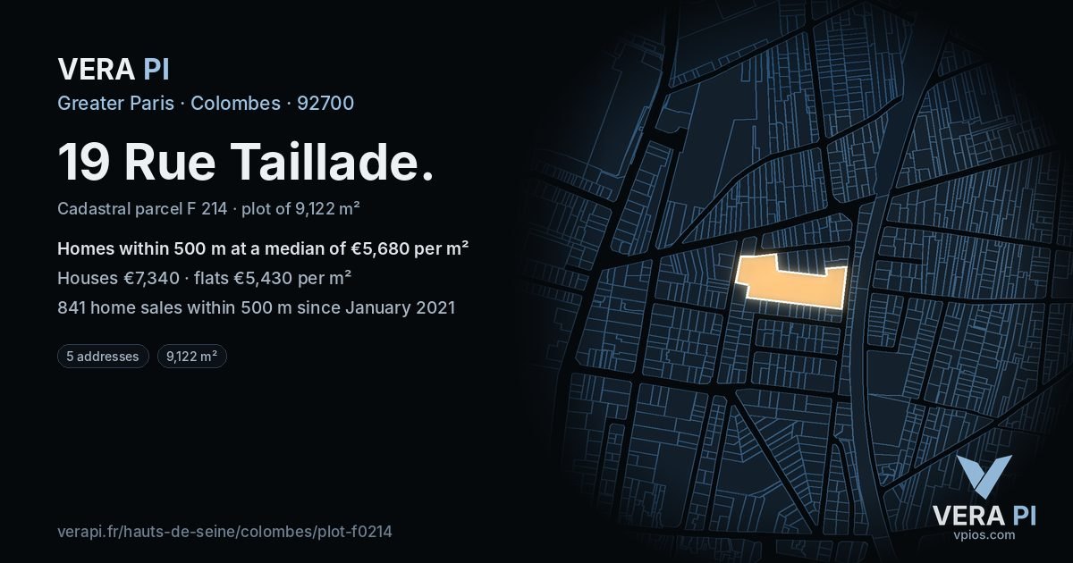 19 Rue Taillade, Colombes at night – the plot lit, the parcels around coloured by the prices near them