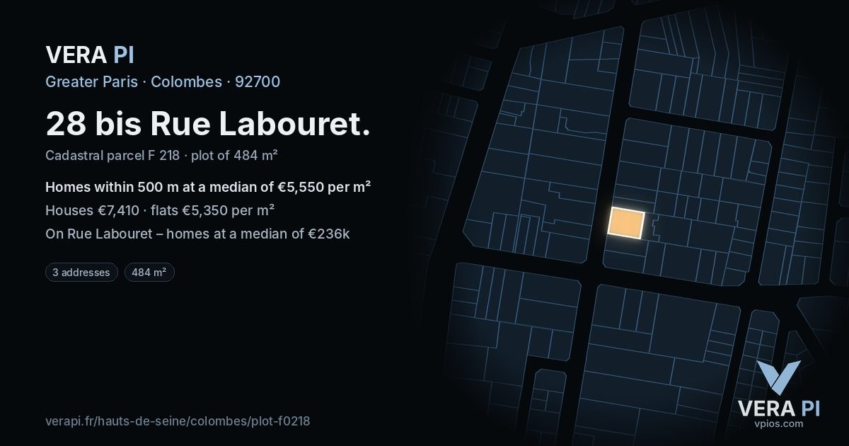 28 bis Rue Labouret, Colombes at night – the plot lit, the parcels around coloured by the prices near them