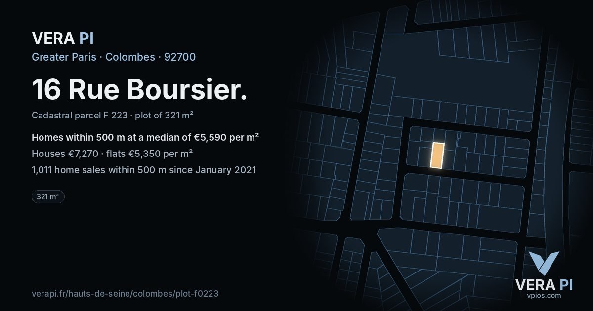 16 Rue Boursier, Colombes at night – the plot lit, the parcels around coloured by the prices near them