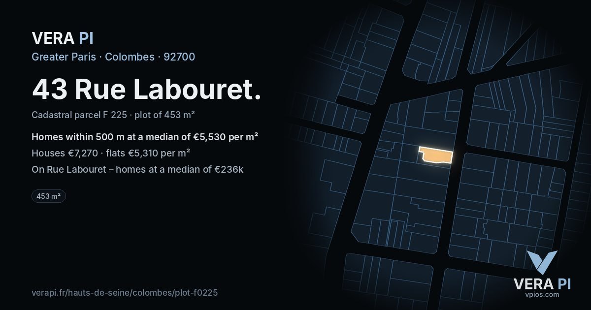 43 Rue Labouret, Colombes at night – the plot lit, the parcels around coloured by the prices near them