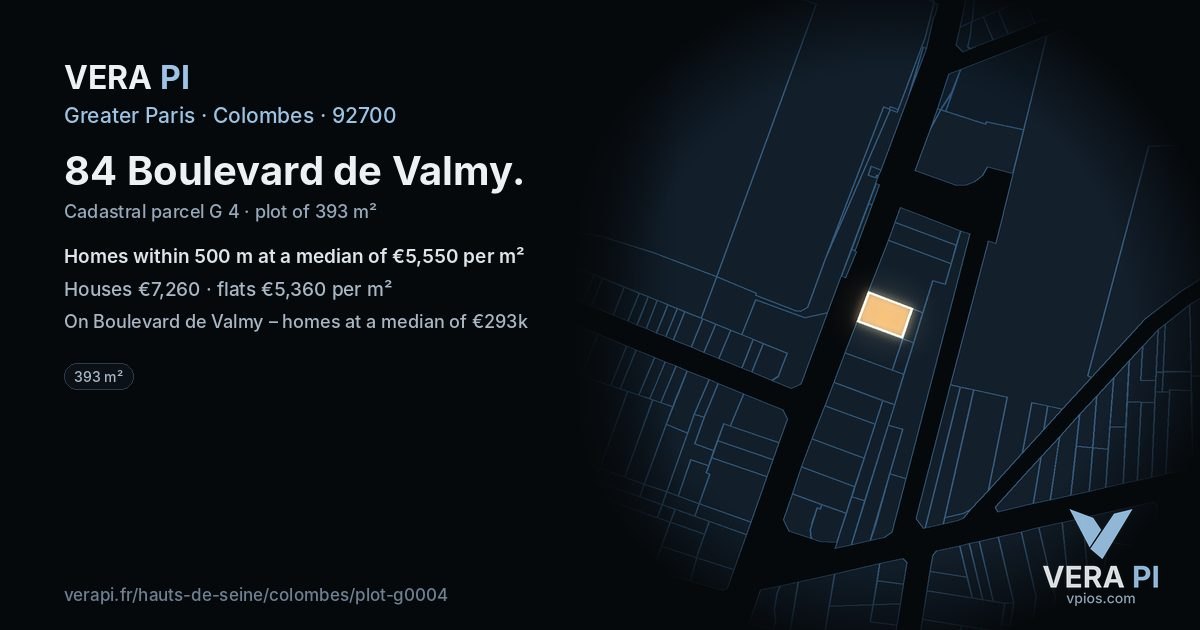 84 Boulevard de Valmy, Colombes at night – the plot lit, the parcels around coloured by the prices near them