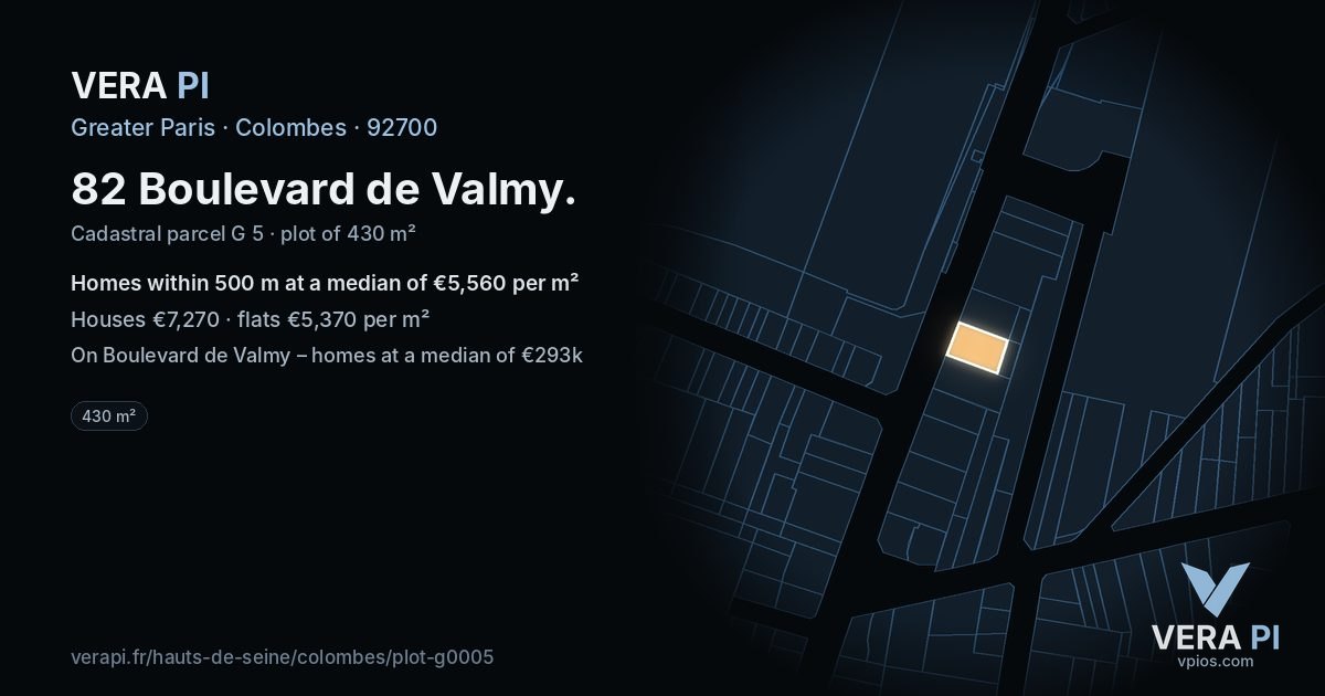 82 Boulevard de Valmy, Colombes at night – the plot lit, the parcels around coloured by the prices near them