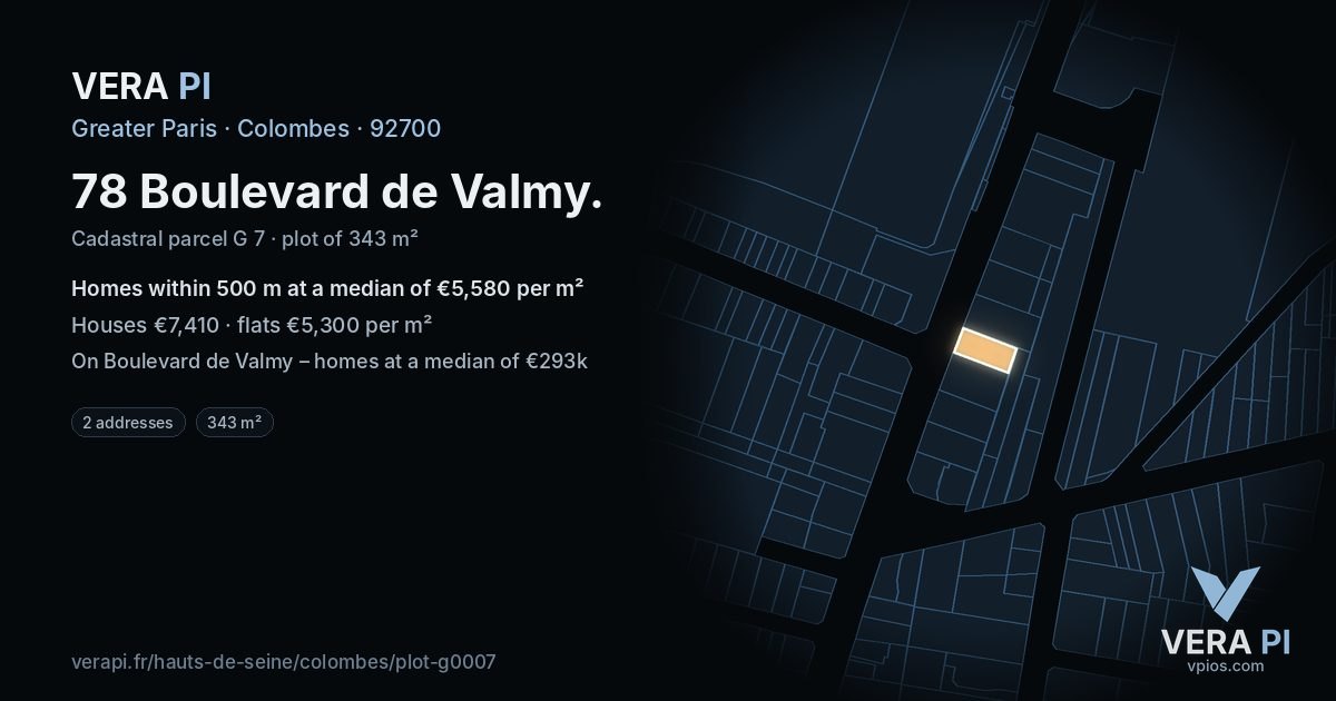 78 Boulevard de Valmy, Colombes at night – the plot lit, the parcels around coloured by the prices near them