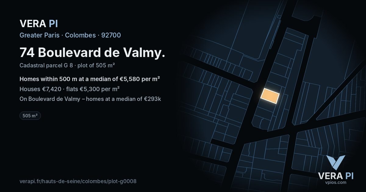 74 Boulevard de Valmy, Colombes at night – the plot lit, the parcels around coloured by the prices near them