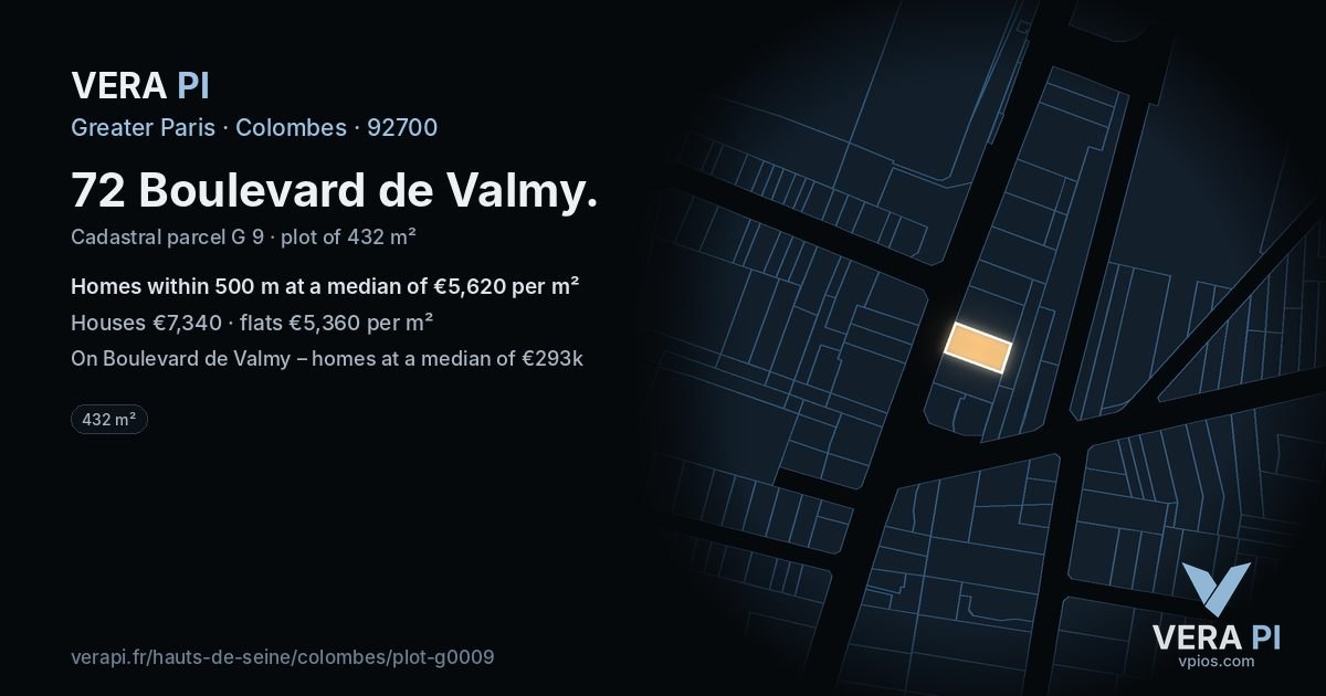 72 Boulevard de Valmy, Colombes at night – the plot lit, the parcels around coloured by the prices near them