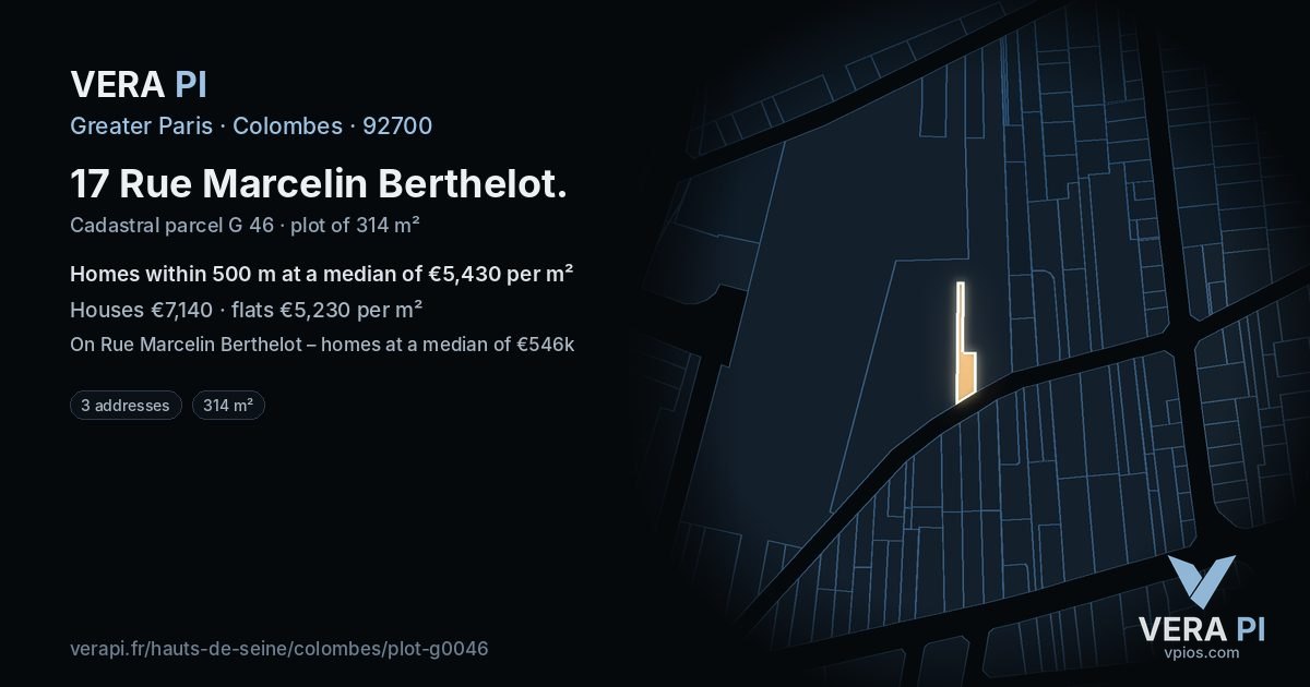 17 Rue Marcelin Berthelot, Colombes at night – the plot lit, the parcels around coloured by the prices near them
