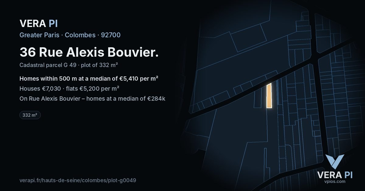 36 Rue Alexis Bouvier, Colombes at night – the plot lit, the parcels around coloured by the prices near them