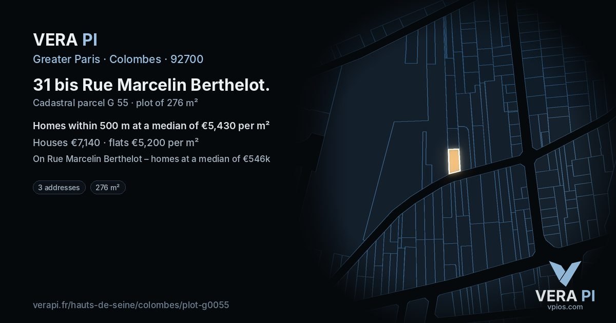 31 bis Rue Marcelin Berthelot, Colombes at night – the plot lit, the parcels around coloured by the prices near them