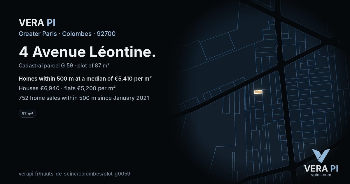 4 Avenue Léontine, Colombes at night – the plot lit, the parcels around coloured by the prices near them