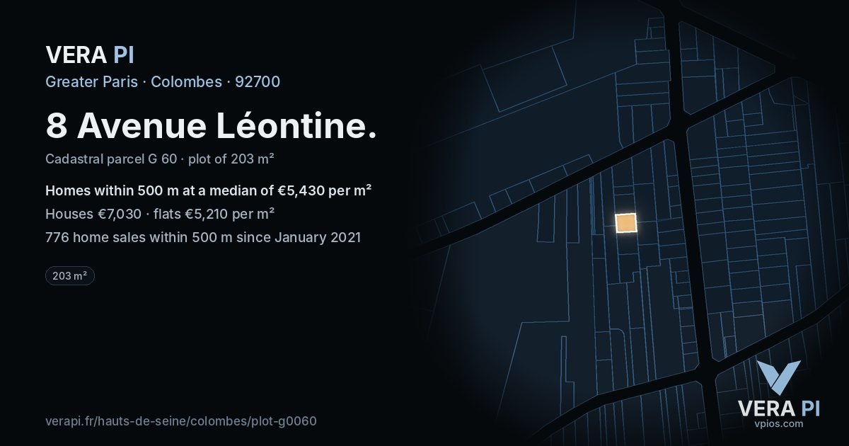 8 Avenue Léontine, Colombes at night – the plot lit, the parcels around coloured by the prices near them