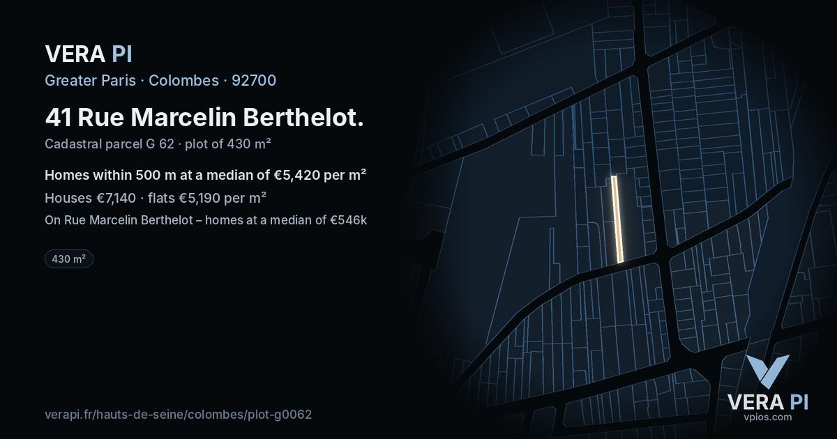 41 Rue Marcelin Berthelot, Colombes at night – the plot lit, the parcels around coloured by the prices near them