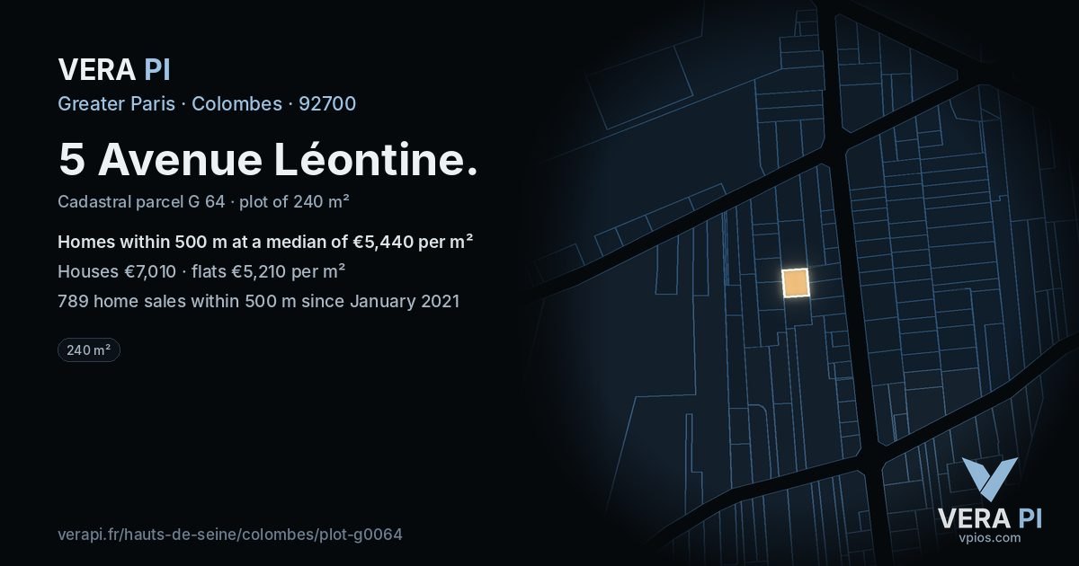 5 Avenue Léontine, Colombes at night – the plot lit, the parcels around coloured by the prices near them