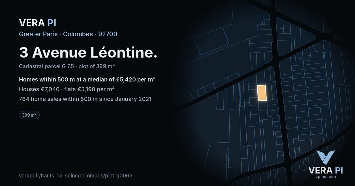 3 Avenue Léontine, Colombes at night – the plot lit, the parcels around coloured by the prices near them