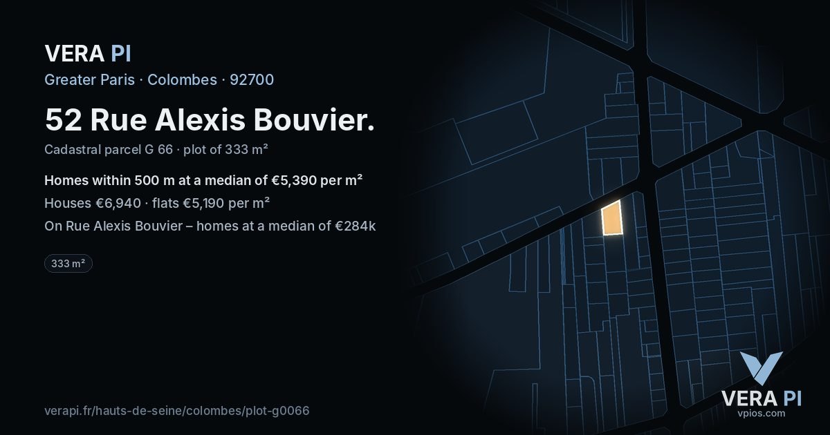 52 Rue Alexis Bouvier, Colombes at night – the plot lit, the parcels around coloured by the prices near them
