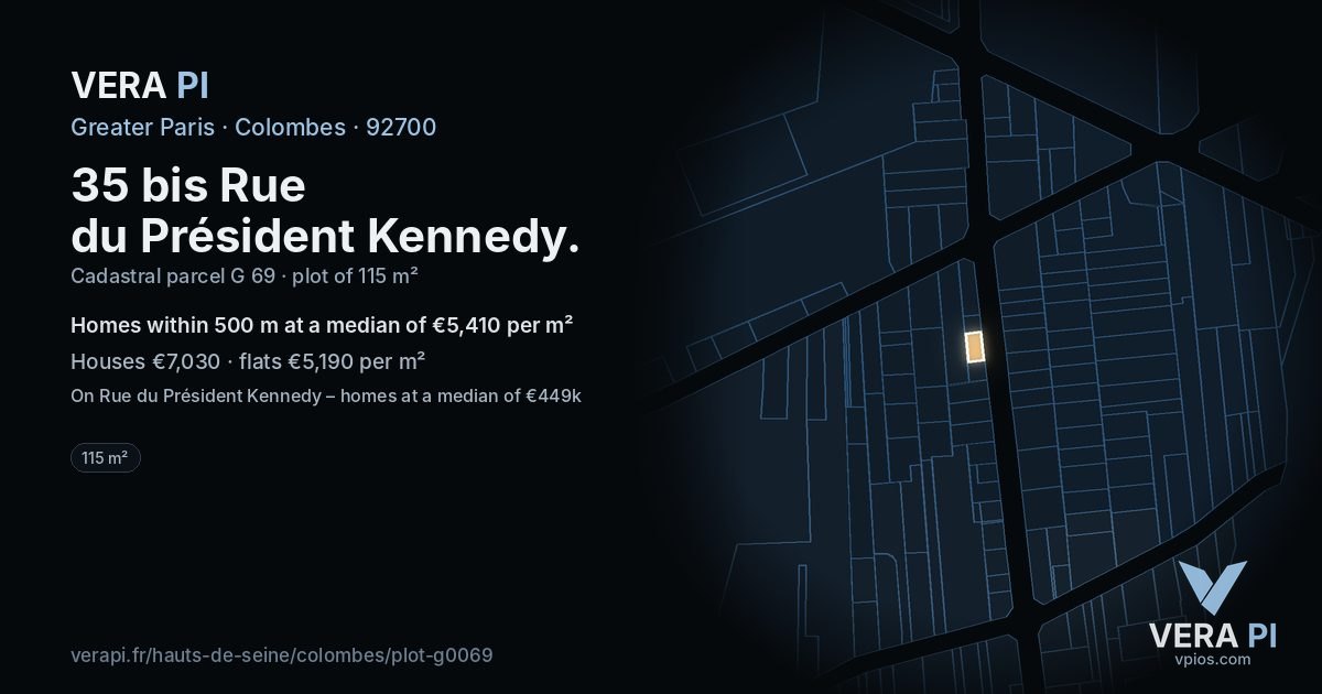 35 bis Rue du Président Kennedy, Colombes at night – the plot lit, the parcels around coloured by the prices near them