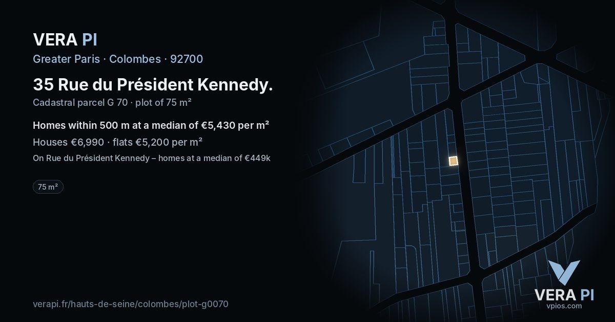 35 Rue du Président Kennedy, Colombes at night – the plot lit, the parcels around coloured by the prices near them