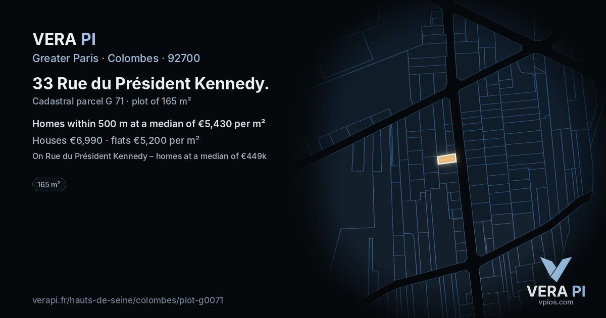 33 Rue du Président Kennedy, Colombes at night – the plot lit, the parcels around coloured by the prices near them