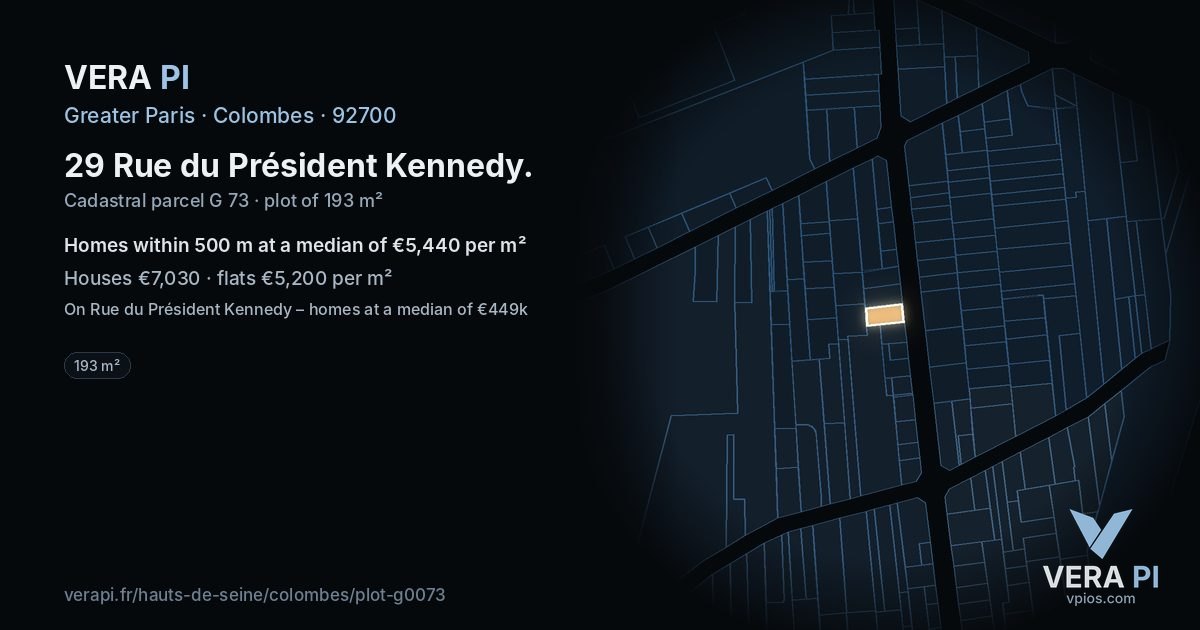 29 Rue du Président Kennedy, Colombes at night – the plot lit, the parcels around coloured by the prices near them
