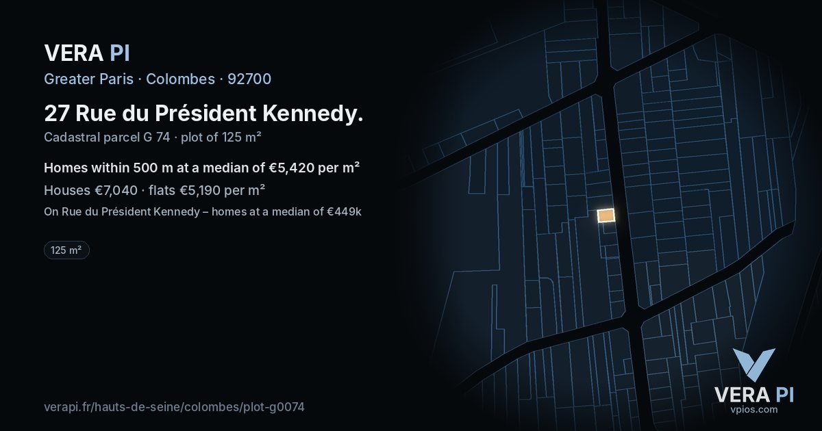 27 Rue du Président Kennedy, Colombes at night – the plot lit, the parcels around coloured by the prices near them