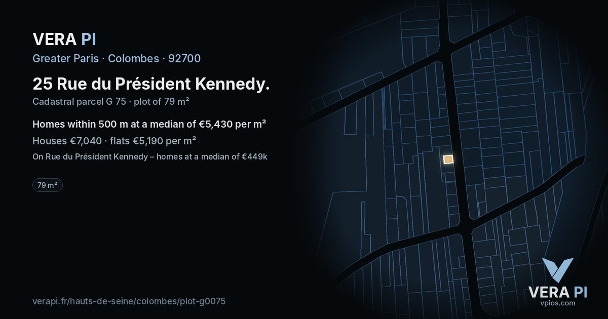 25 Rue du Président Kennedy, Colombes at night – the plot lit, the parcels around coloured by the prices near them