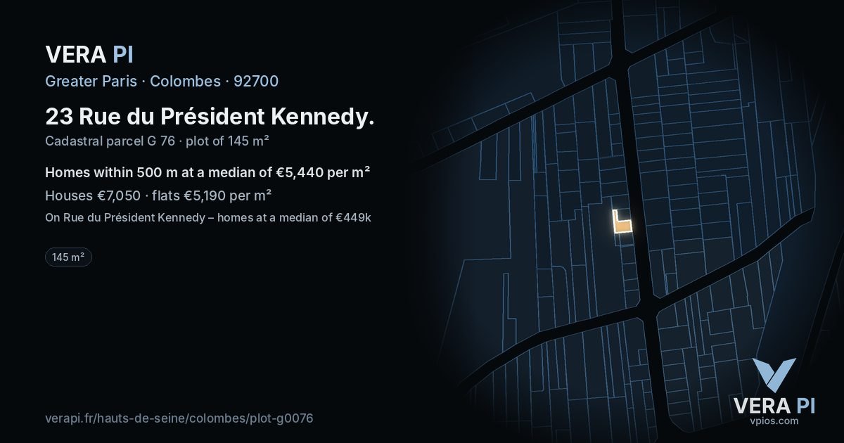 23 Rue du Président Kennedy, Colombes at night – the plot lit, the parcels around coloured by the prices near them