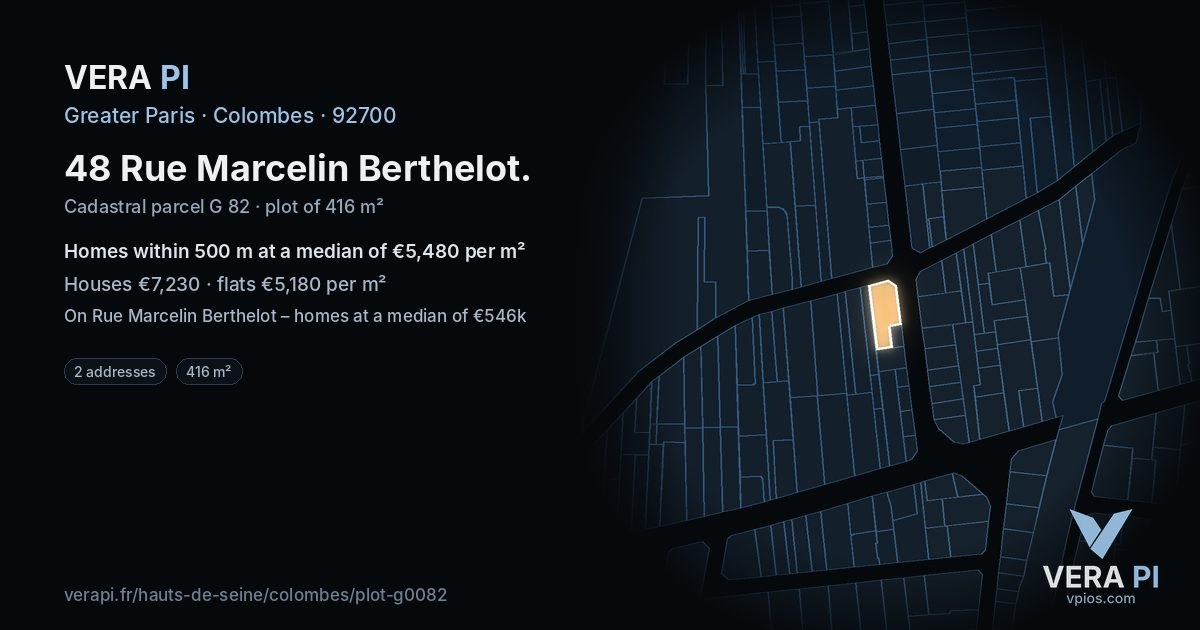 48 Rue Marcelin Berthelot, Colombes at night – the plot lit, the parcels around coloured by the prices near them