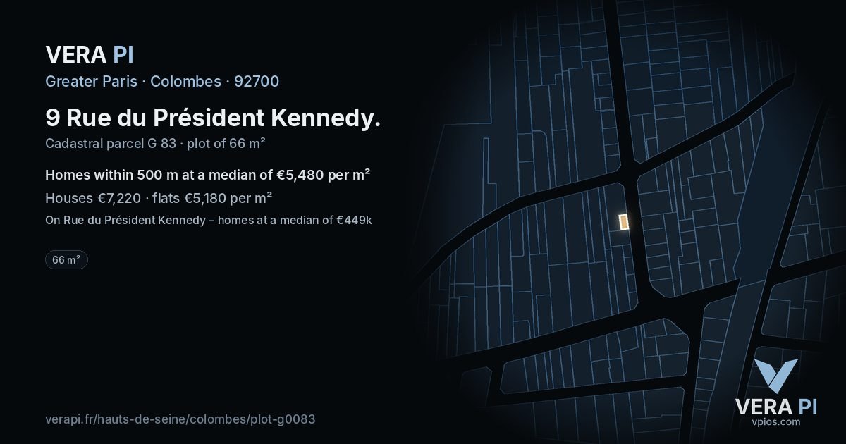 9 Rue du Président Kennedy, Colombes at night – the plot lit, the parcels around coloured by the prices near them