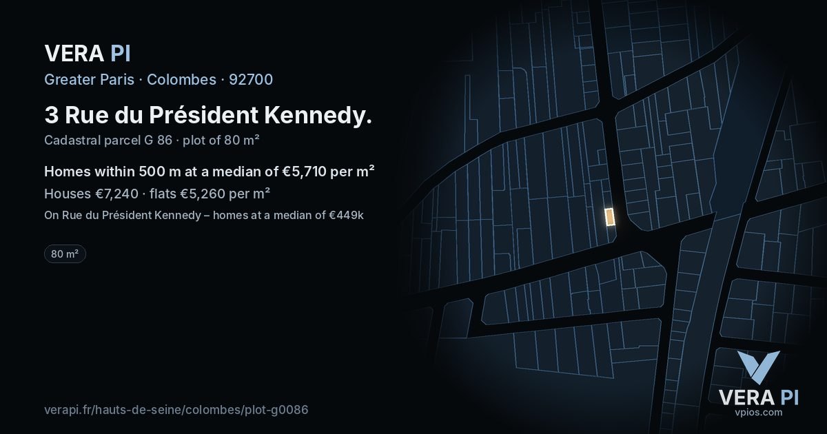 3 Rue du Président Kennedy, Colombes at night – the plot lit, the parcels around coloured by the prices near them