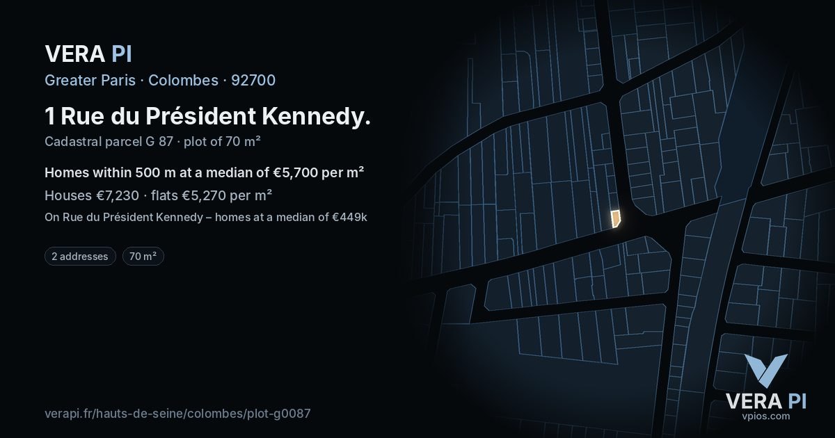 1 Rue du Président Kennedy, Colombes at night – the plot lit, the parcels around coloured by the prices near them